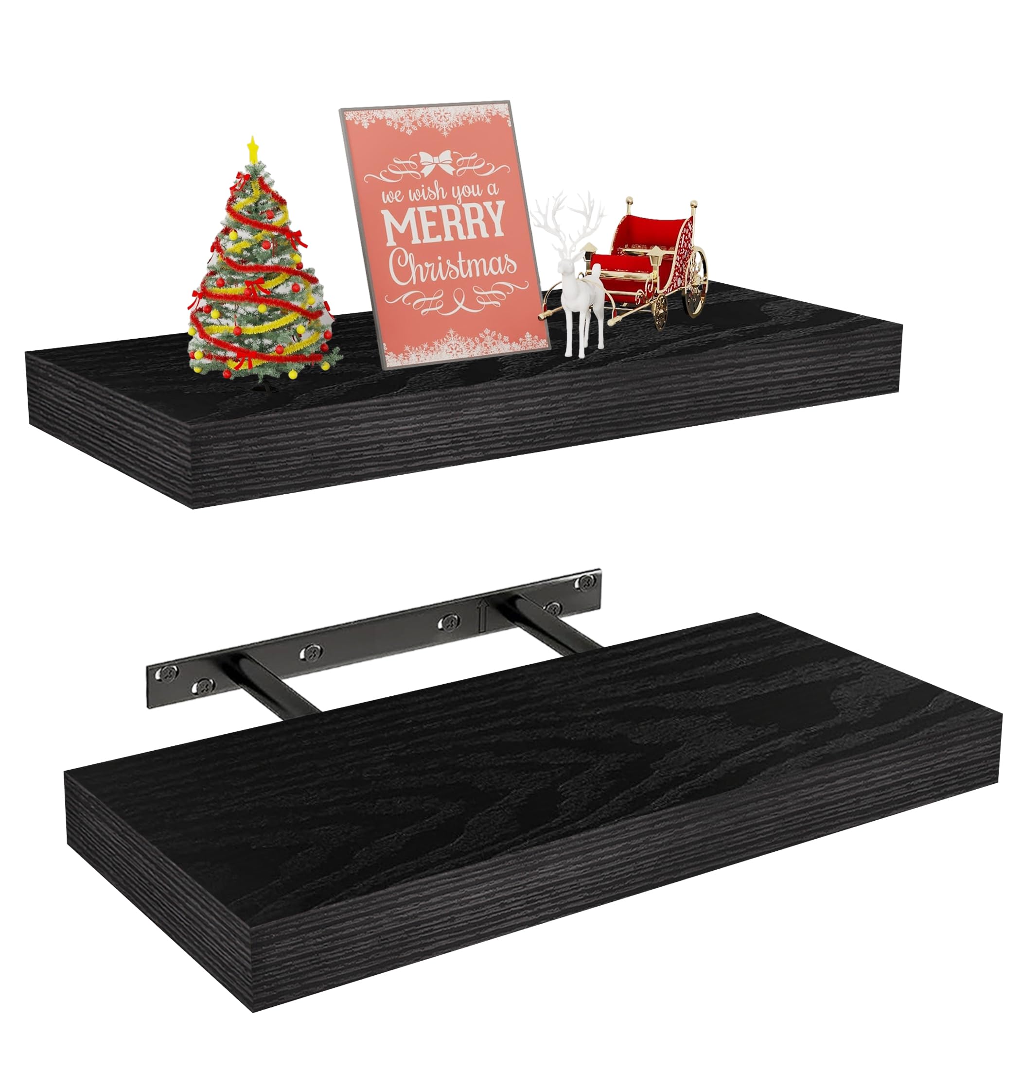 Photo 1 of Vervida® Black Floating Shelves for Wall, Rustic Wood Wall Mounted Shelves with Invisible Brackets for Decor & Storage, Floating Shelf for Living Room, Bathroom (Set of 2)