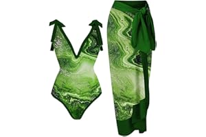 QACKNE 2 Piece Swimsuit for Women with Skirt Lace Up Sexy Bikini Sets High Waisted V Neck Tankini Floral Beach Bathing Suit