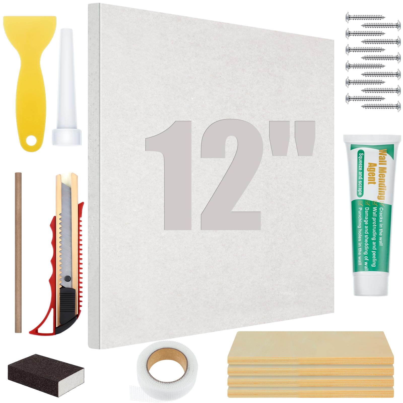 Photo 1 of 22 Pcs Drywall Repair Kit with 12x12x1/2" Drywall Repair Panel, Sheetrock Hole Patch Kit with Wall Patching Paste, Sanding Block, Putty Knives, to Fill Large Holes for Home Wall Surface Ceiling