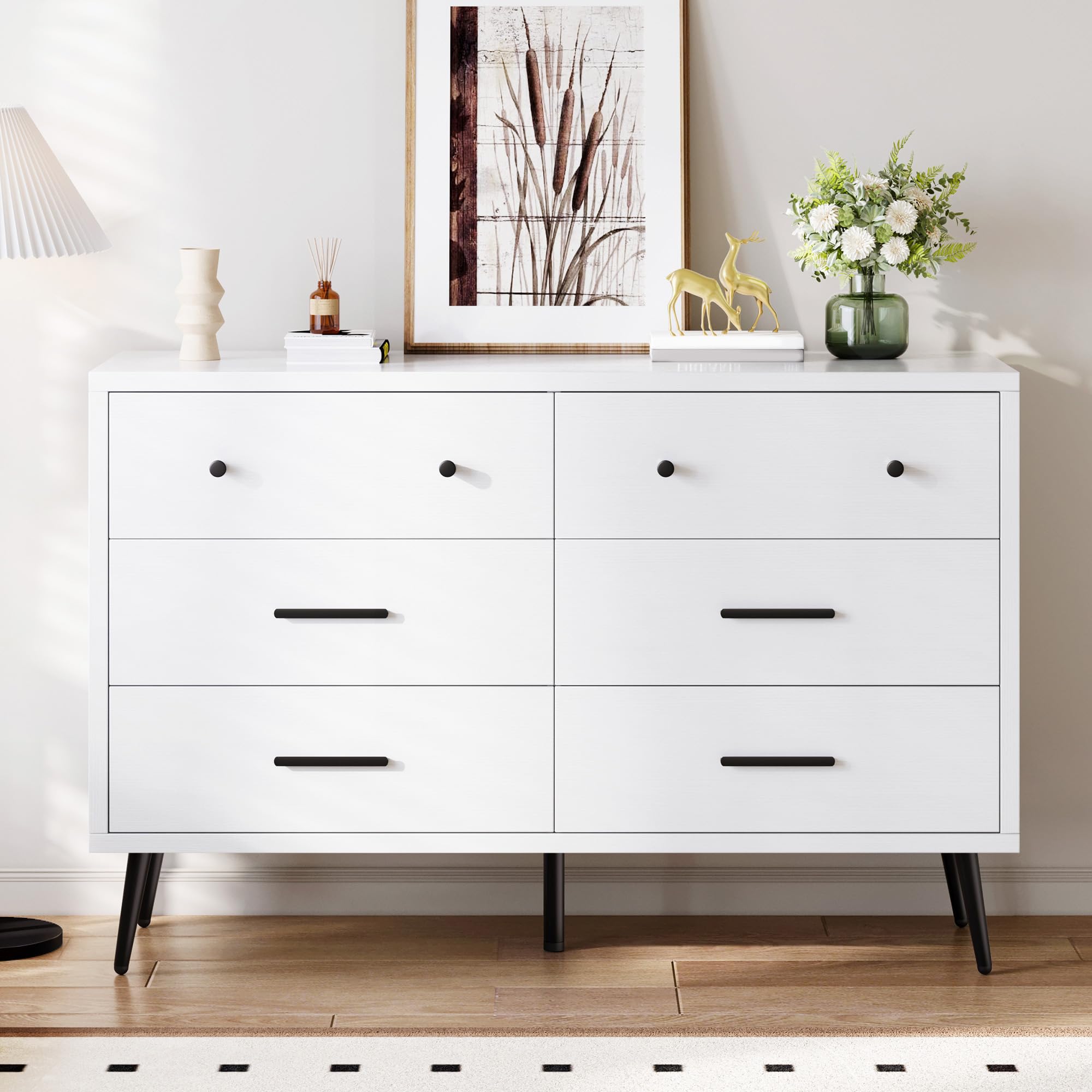 Photo 1 of **MISSING SCREWS*** A LITTLE DAMAGED **FINAL SALE&&****DWVO White 6 Drawers Dresser, Modern Wood Dresser Chest of Drawers with Black Metal Handle ? Anti-Tipping Device, Modern Storage Cabinet for Hallway, Entryway, Living Room