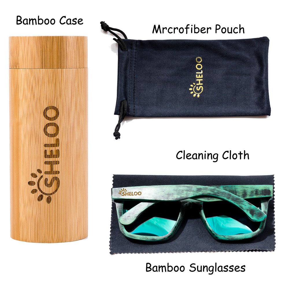 SHELOO Bamboo Wood Polarized Sunglasses Retro Style 100% UV Protection Green Frame
