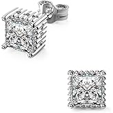 18K White Gold Plated Sterling Silver Square Cubic Zirconia Stud Earrings 4 Prong Princess Cut CZ Simulated Diamond Stud Earrings for Men Women Hypoallergenic