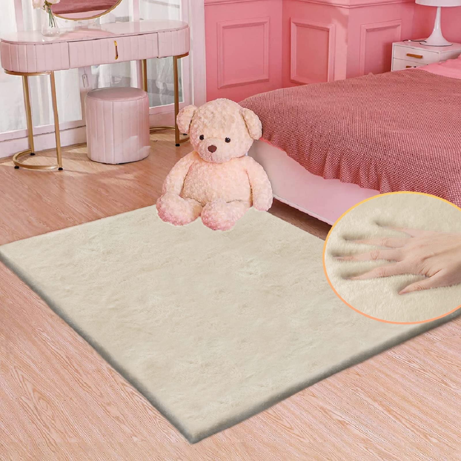Photo 1 of ORINOVA Light Brown Beige Plush Washable Fluffy Area Rugs for Bedroom Faux Fuzzy Bunny Fur Rug for Living Room Nursery Rug 3x5 Boho Rugs