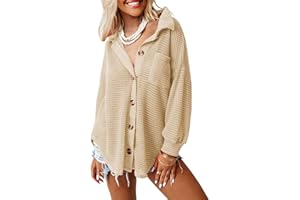Dokotoo Womens Waffle Knit Shacket Jacket Casual Long Sleeve Button Down Shirts Dressy Blouses Tops