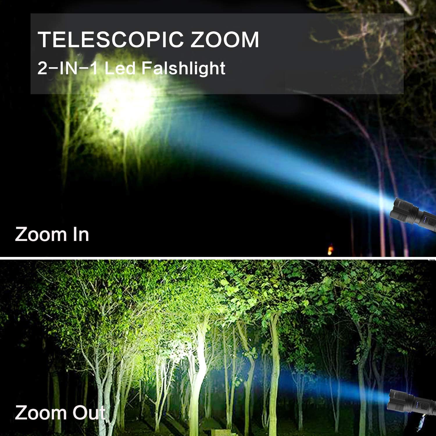 XHP70 LED Rechargeable Flashlight, Tactical Flashlight with USB, Super Bright 10000 Lumen, IPX4 Water Resistant, 5 Lighting Modes Zoomable Torch Light for Camping Hiking Cycling, Included 18650 Battery - - 