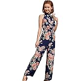 WDIRARA Girl's Floral Print Halter Sleeveless Wide Leg High Waist Button Back Boho Long Jumpsuit Romper