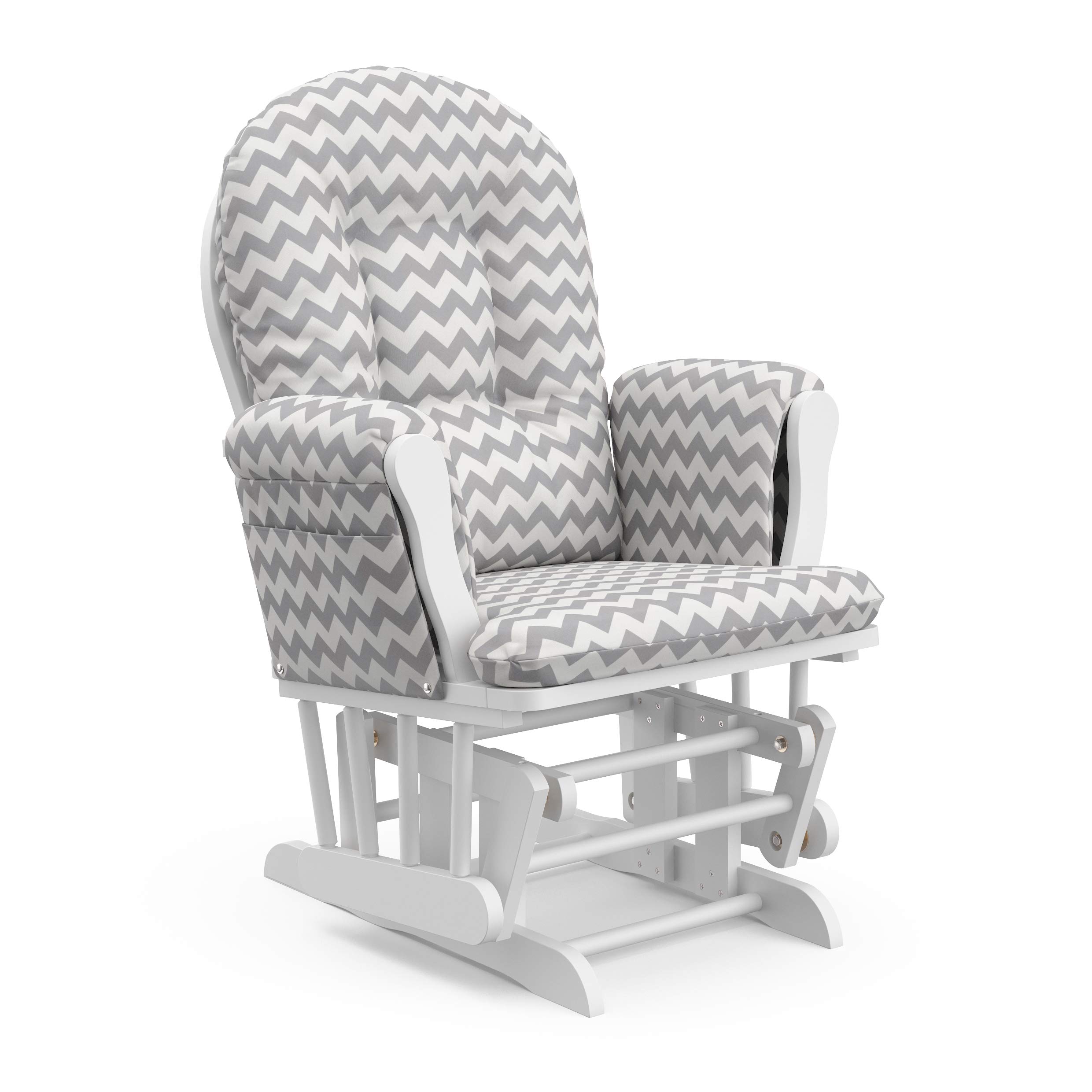 Storkcraft Premium Hoop Glider and Ottoman (White Base, Gray Chevron Cushion) – Padded Cushions with Storage Pocket, Smooth Rocking Motion, Easy to Assemble, Solid Hardwood Base