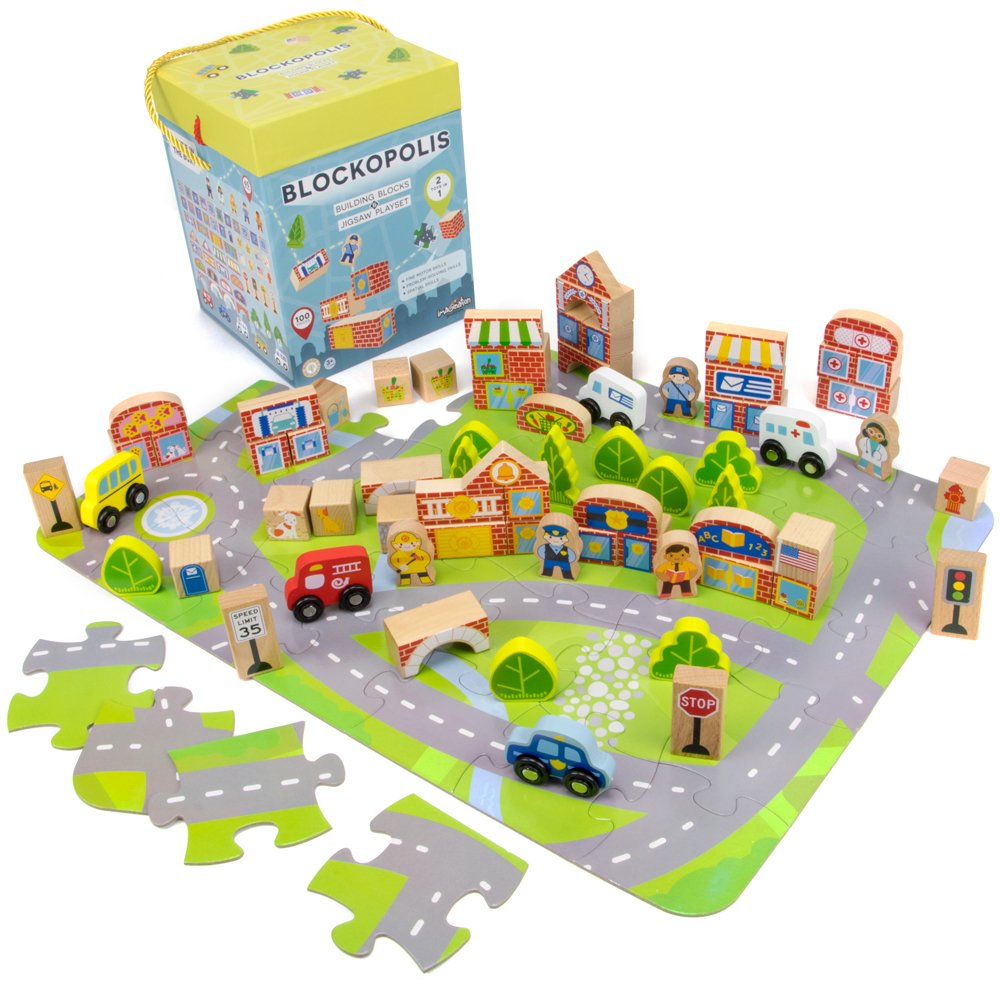 Blockopolis Little Wooden People City Play Set, 100piece Building