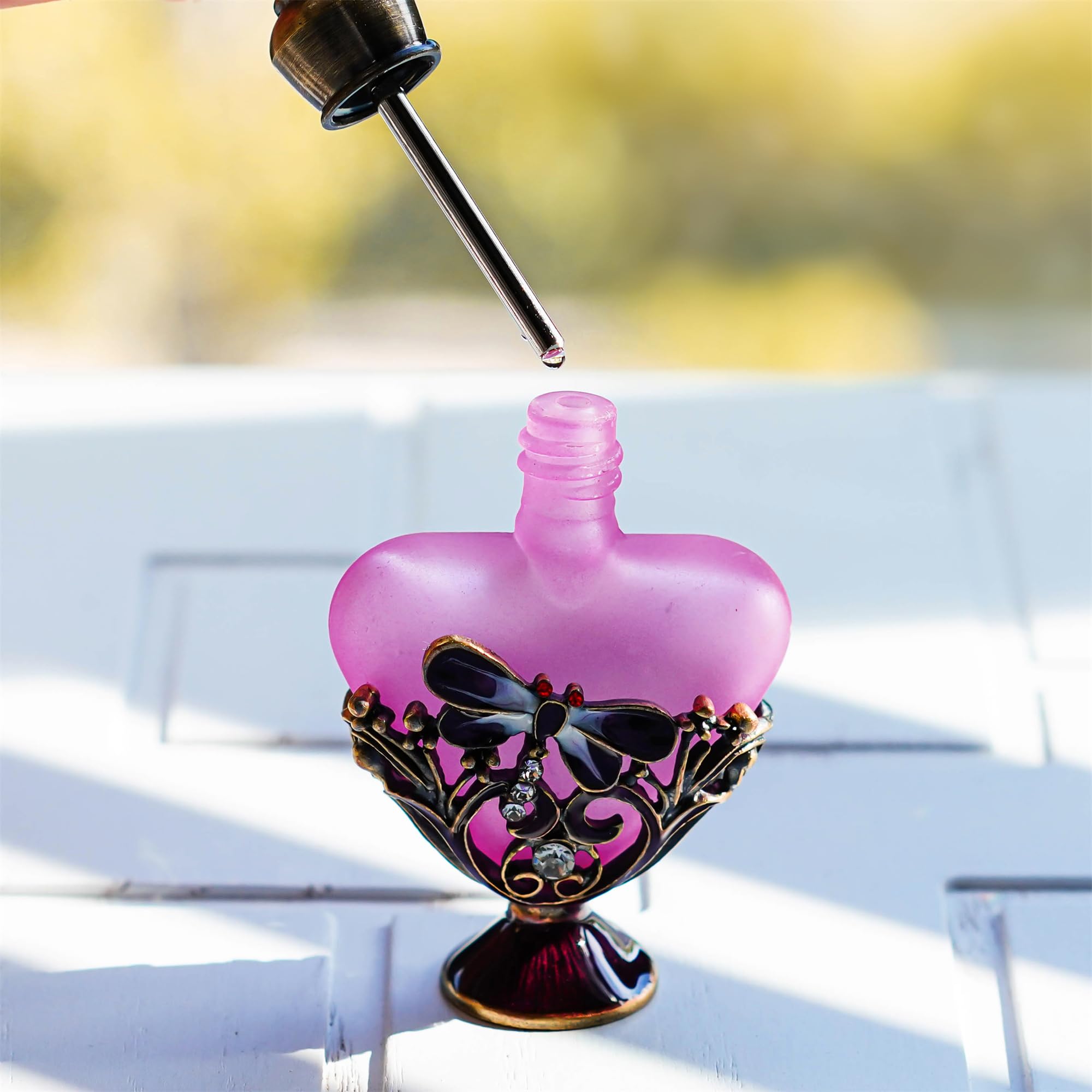 YU FENG Vintage Dragonfly Pewter and Glass Perfume Bottle with Diamand, Empty Refillable Mini Perfume Bottle