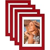 Vittanly 4x6 Picture Frame Set of 4, Display Pictures 3.5x5 with Mat or 4x6 without Mat, Small Photo Frames for Wall or Tabletop Display, Engineered Wood with Shatter Resistant Plexiglass, Red