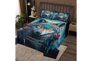 Erosebridal Boho Wolf Bedding Set Safari Wolf Coverlet Twin Size,Wild Animal Wildlife Bedspread Set Girly Flower Floral Bed S