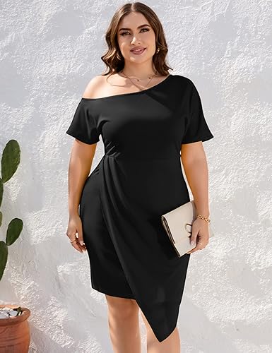 KOJOOIN Women Plus Size Off The Shoulder Ruched Bodycon Dress