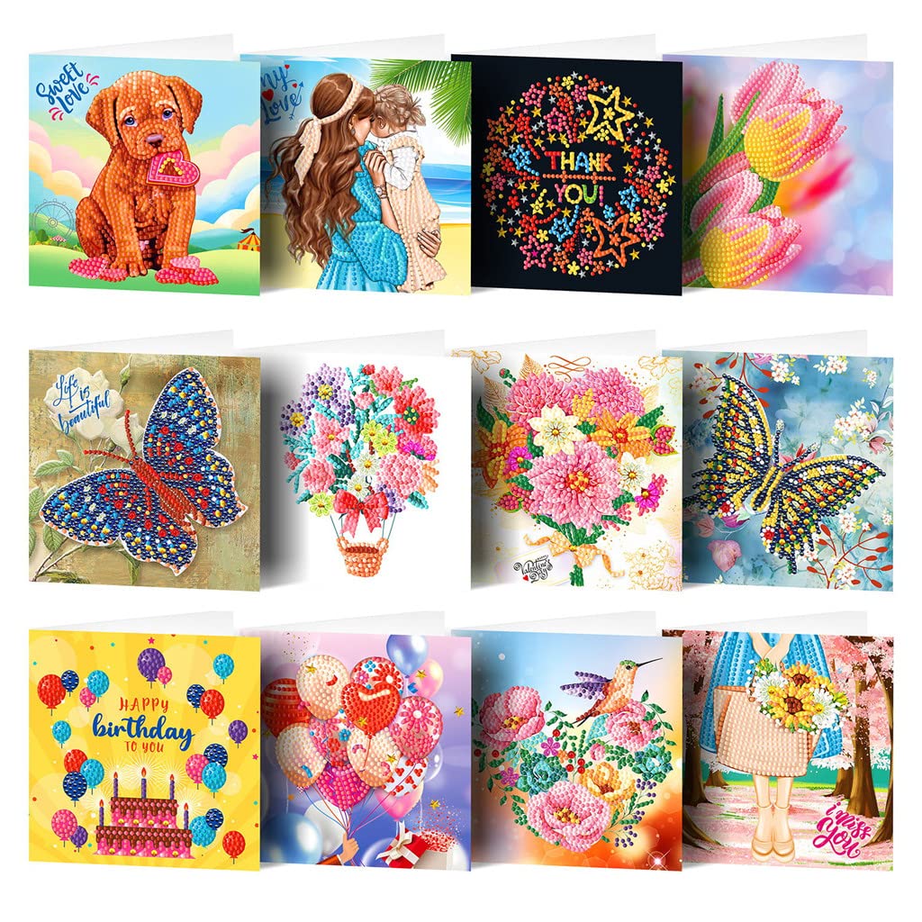 Diamond Painting Birthday Cards-5D Diamond Art Painting Birthday Greeting Cards Kit,Postcard with Blank Envelopes fit for Birthday Thanksgiving Mother's Day Kids Crafts Gift (12 Pieces B)