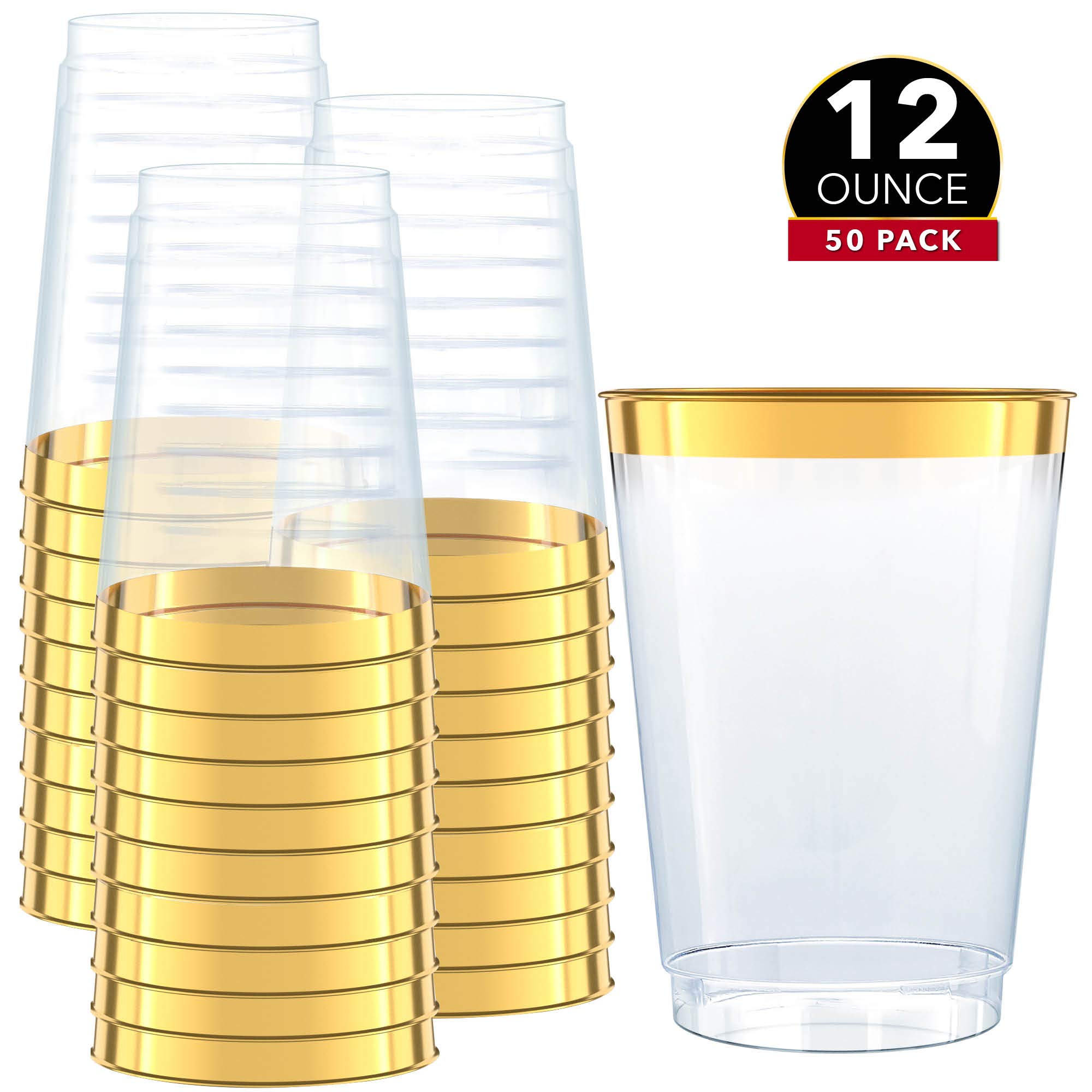 Gold Plastic Clear Cups 12 oz. 50 Pack Disposable Party Cups with