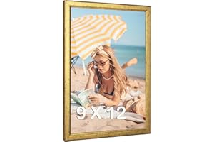 MOUDAMION Wood 9x12 Frame Gold, Ornate Natural 12x9in Poster Picture Frame, Modern Golden 9 x 12inch Gallery Wall Photo Frame with HD Plexiglass, Horizontal Vertical Wall Mounting Display 1pcs