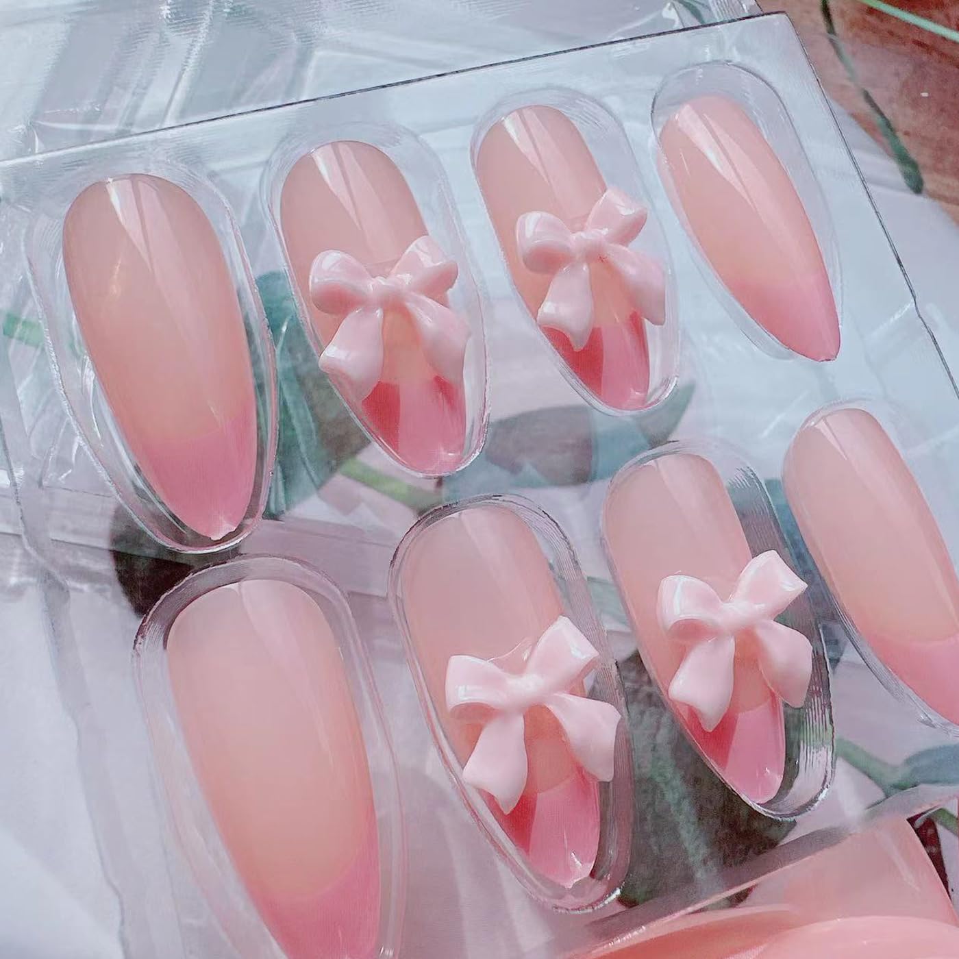 24Pcs French Tip Press on Nails Fake Nails with Pink Bow Design Gloss Short Almond-Shaped False Nails Cute Bow Press ons Stick on Nails Acrylic Artificial Fingernails for Women Girls - Image 6