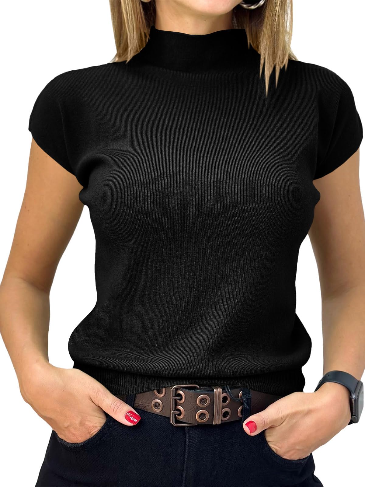 Photo 1 of *medium* Saodimallsu Womens Short Sleeve Sweater Mock Neck Summer Casual Basic Knit Slim Fitted Pullover Tops Shirt Black