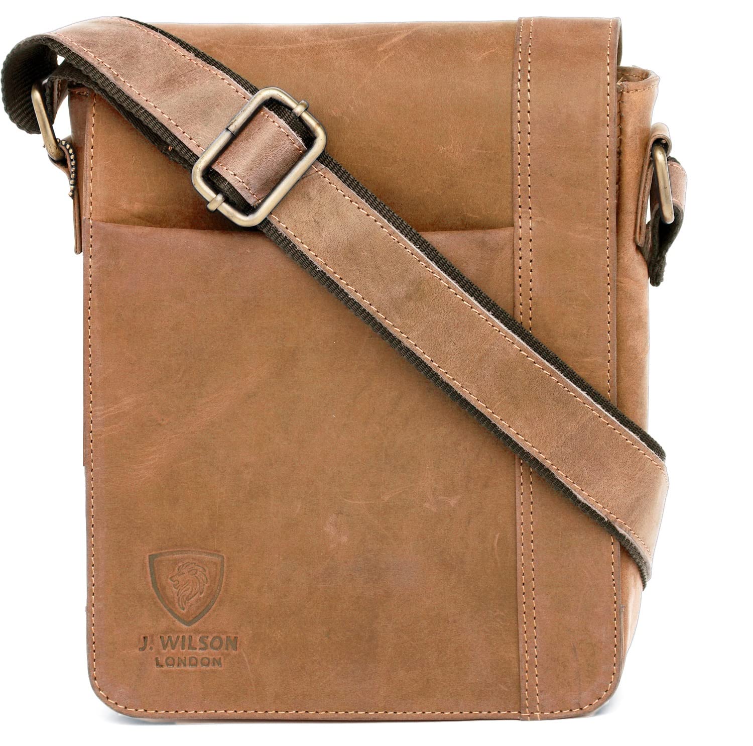J. Wilson London 100% Pure Genuine Real Vintage Hunter Leather Handmade Mens Leather Flapover Everyday Cross Body Shoulder Work Messenger Bag (Distress Oiled Tan)