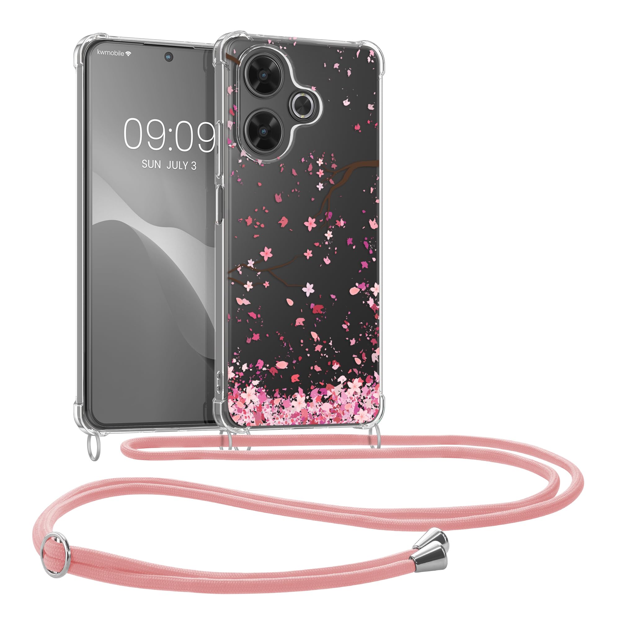 kwmobile Crossbody Case Compatible with Xiaomi Redmi 13 Case Strap - Cherry Blossoms Pink/Dark Brown/Transparent