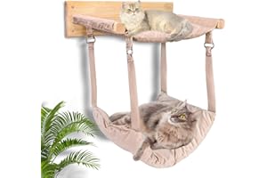 JSPYFITS Wooden Cat Furniture Wall Mounted with Double Layer Hammock Removable Multi-Function Cat Bed for Sleeping, Playing - Premium Modern Cats Bed & Furniture for Small to Large Kitty(Beige)