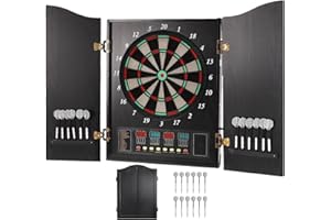 TREMENPOW Pro Electronic Dartboard Cabinet Set with LED Digital Scoreboard Electronic Dart Board Over 27 Games and 243 Variations for Adults Built-in MDF Cabinet for 12 Soft Tip Darts 88 Tips 16-Player Scoring