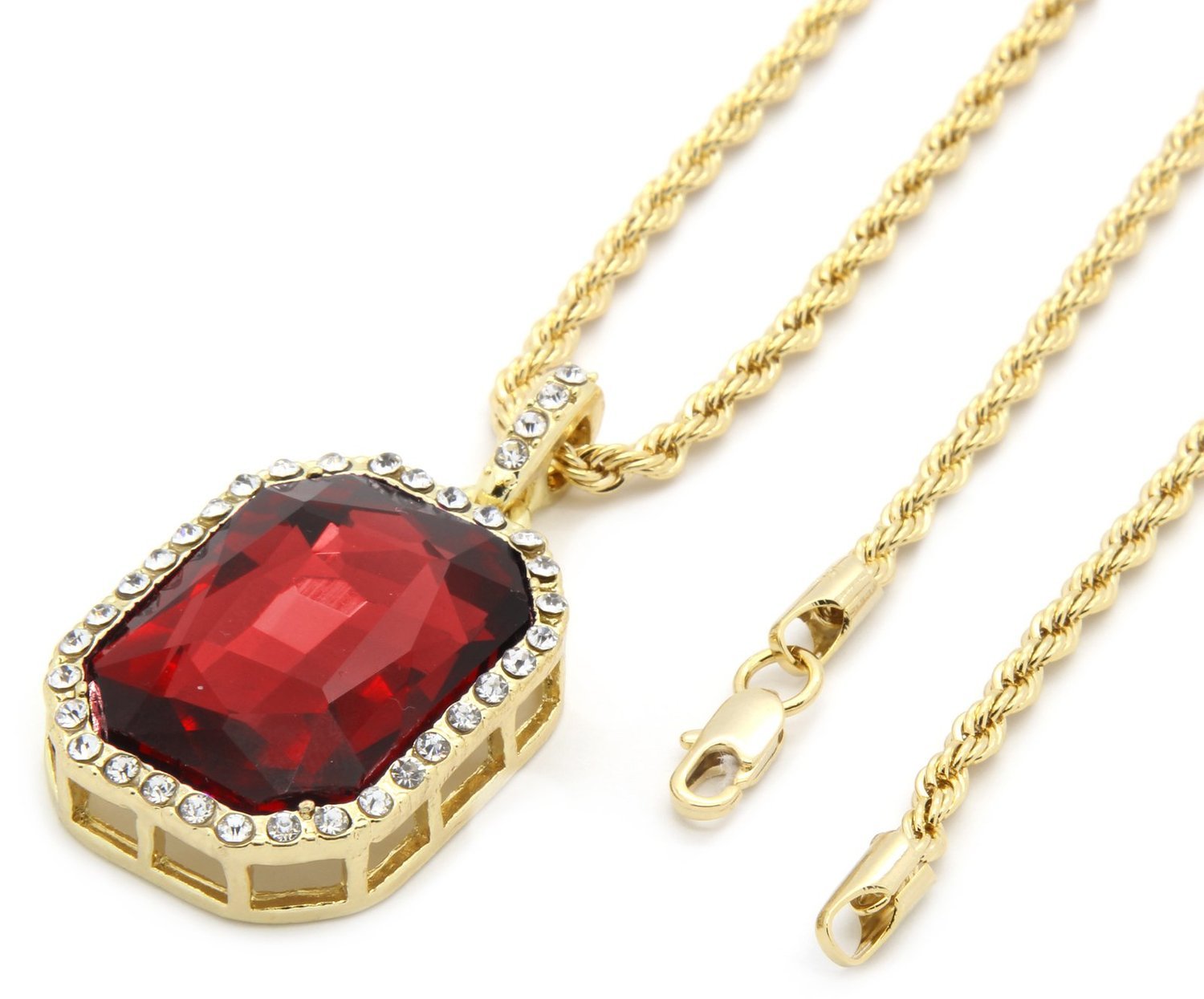 Mens 14K Gold Plated Iced Out Red Ruby Octagon Hip Hop Pendant With 3Mm 24" R.. 21 71GfRdXI%2BTL