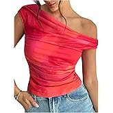 SHENHE Women's Floral Mesh Off The Shoulder Top Cap Sleeve Ruched Fitted Dressy Going Out Shirt