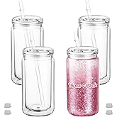 Cuguords 4 Pack 16oz Acrylic Snow Globe Tumbler Cups with Lids & Straws, Double Wall Plastic Snowglobe Tumblers with Pre-Drilled Hole & Plug, DIY Glitter Supplies Kit, Clear Vaso Doble Pared