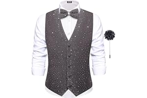 Hi-Tie Men's Sparkling Velvet Waistcoat Suit Vest and Bow Tie Set Tuxedo Vests Flower Lapel Pin for Wedding Party Performance