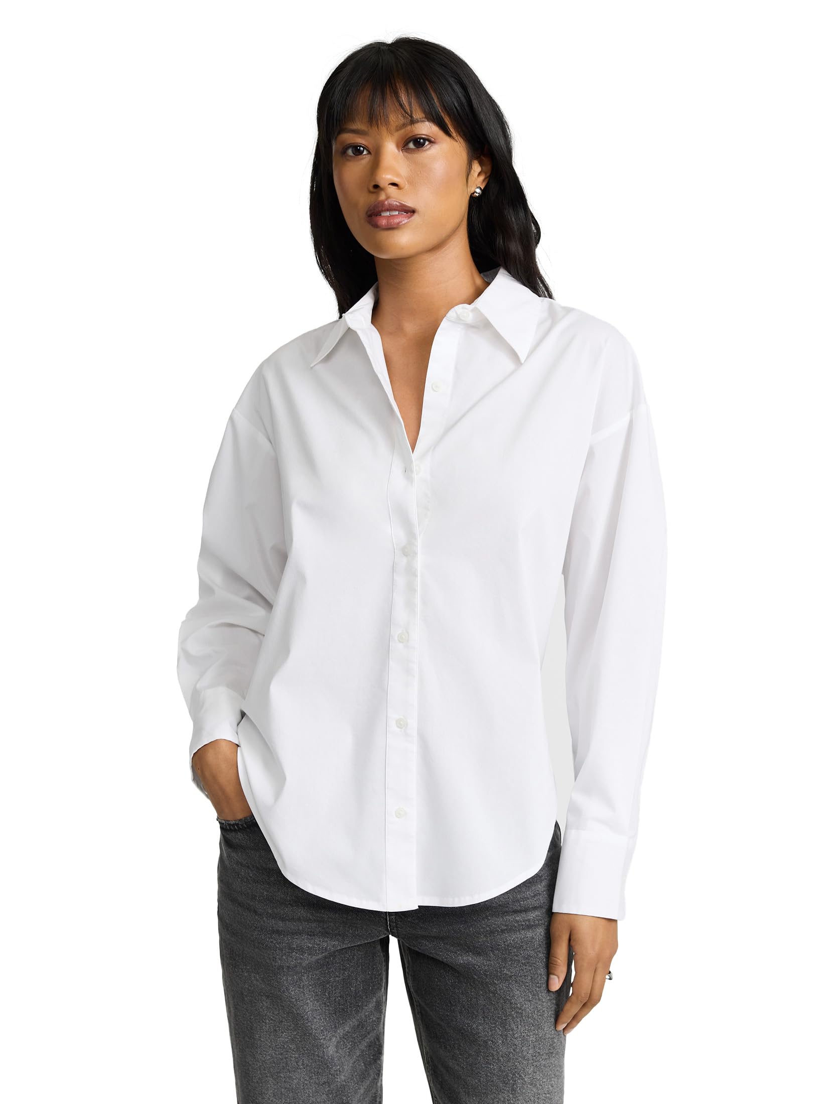 Photo 1 of (xs) EXPRESS Women’s Portofino Shirt – Boyfriend Fit Long Sleeve Button-Up Blouse, Lightweight Crepe, Office-to-Weekend – White
