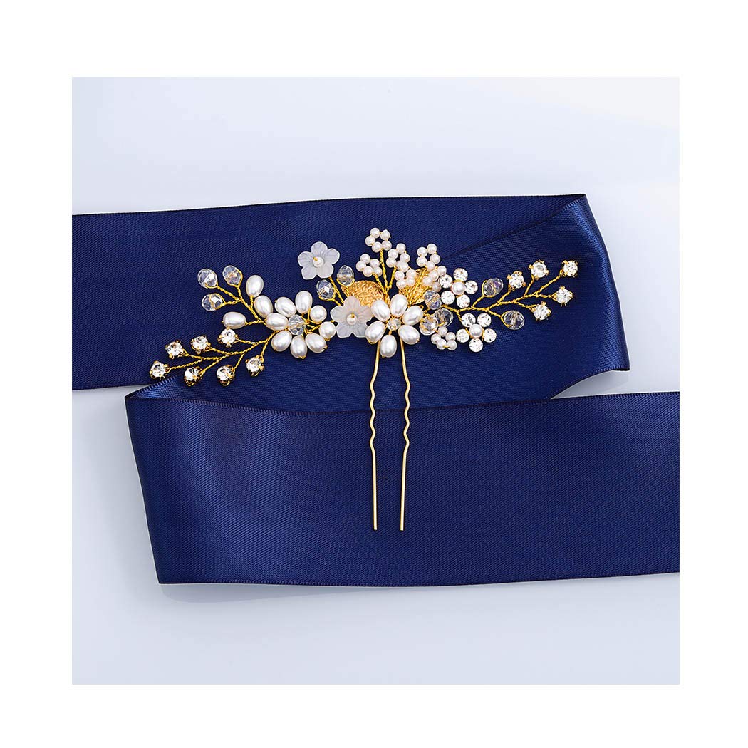 IYOU Bridal Wedding Hair Pins Sliver Sparkly Crystal Hairpin Leaf Pearl Hairpiece Bride Flower Hair Accessories for Women 2pcs (Gold)