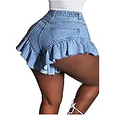 Verdusa Women's Plus Size Ruffle Jean Shorts Summer Mini Denim Jorts with Pockets