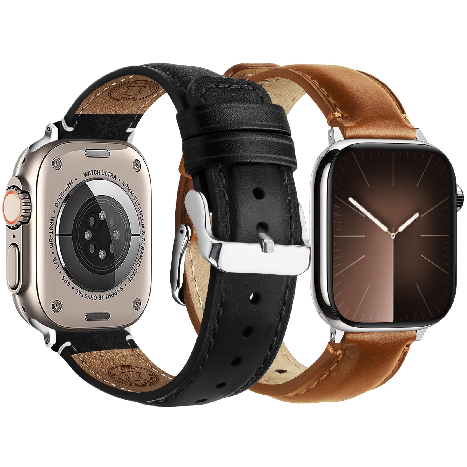 Fullmosa Leather Band Compatible with Apple Watch Bands 49mm 46mm 45mm 44mm 42mm,Top Grain Leather iWatch Straps for Apple Watch Ultra SE Series 11 10 9 8 7 6 5 4 3 2 1,Black+Silver/Brown+Silver