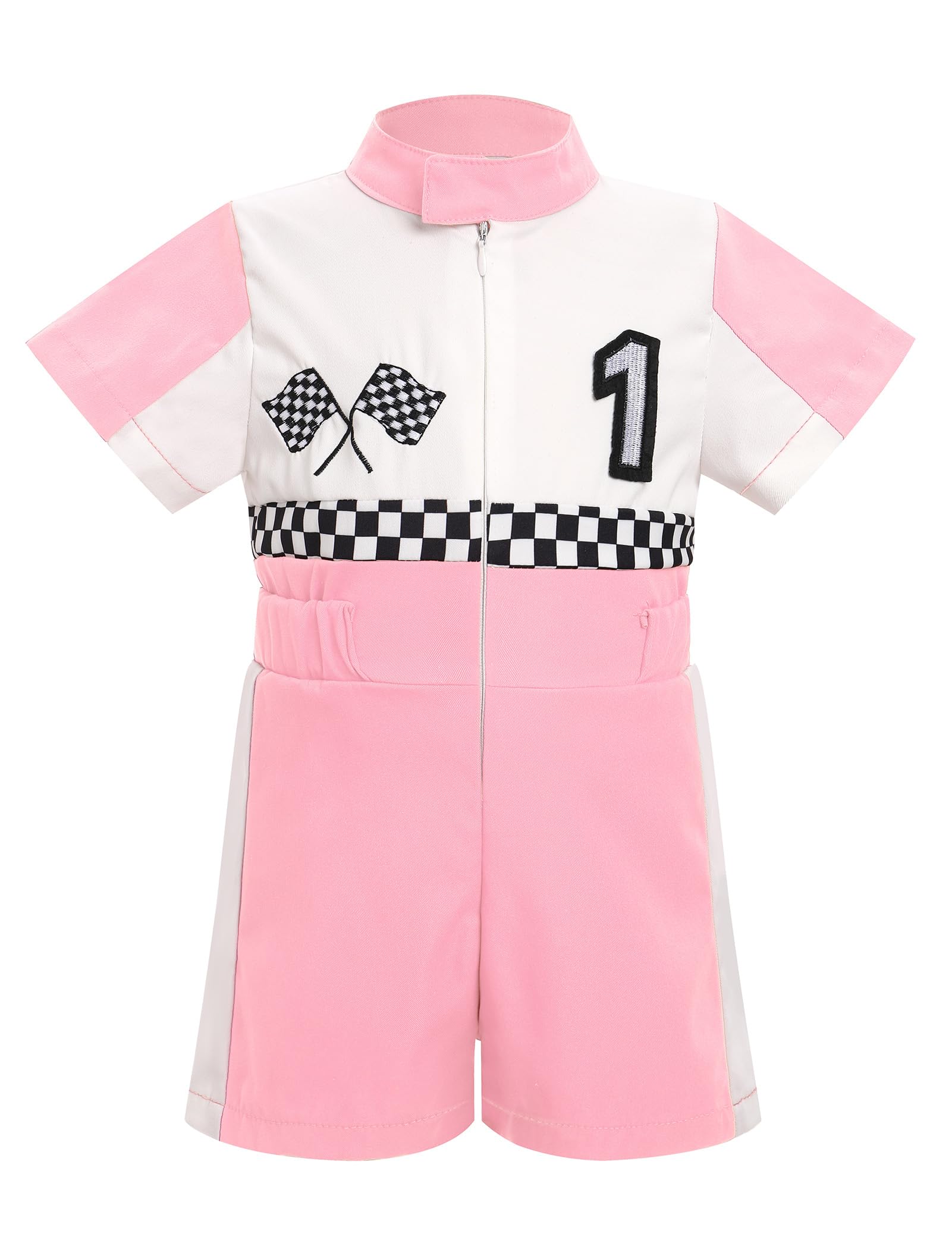 Photo 1 of IDOPIP Baby Boys 1st 2nd Birthday Outfit Race Car Driver Romper Girls Boys Racer Jumpsuit One Piece Bodysuit Racing Suit Toddler Dress up Costume for Cake Smash Photo Shoot Pink 9-12 Months