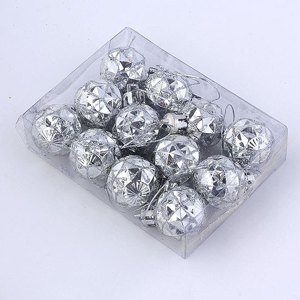 Yoption 12Pcs 28MM Christmas Ornaments Plastic Glitter Shiny Balls Hanging Xmas Tree Decoration Ornament Balls Baubles (Silvery)