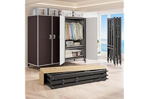 FKKPRVAX Heavy Duty Covered Clothes Rack with Magnetic Door 1500LBS Foldable Portable Wardrobe Closet for Hanging Clothing Rolling Black Metal Garment Rack on Wheels Closet System (Brown, 59in)