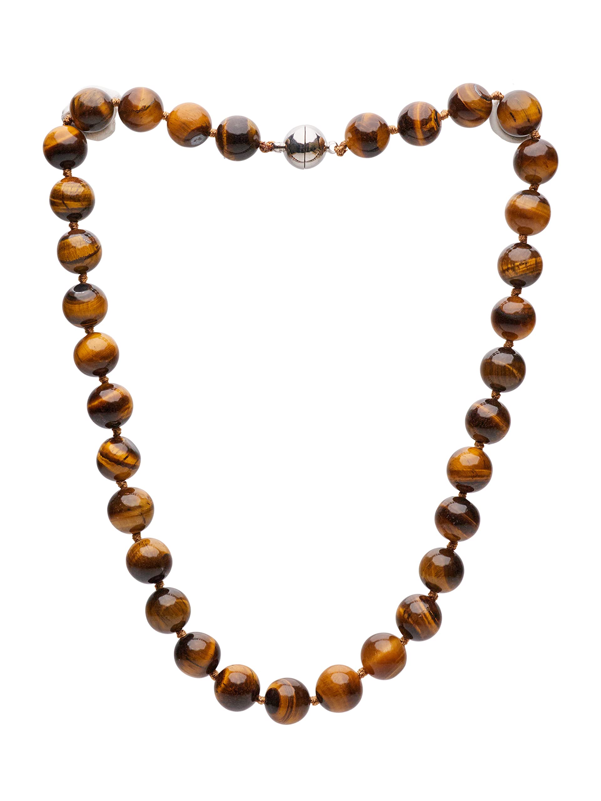 Treasure Bay Women's Gemstone Necklace - Handmade 12mm Natural Gemstone Beaded Necklace Magnetic Clasp Pink Agate, Red Jade, Dark Magenta, Royal Blue (Brown Tiger's Eye)