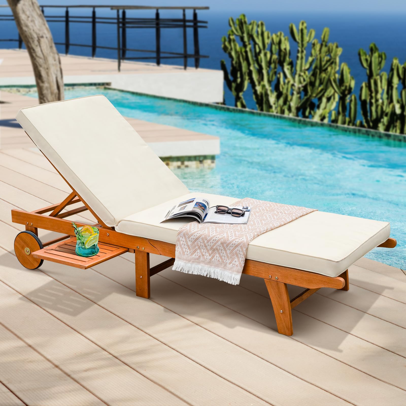 Photo 1 of IDZO Upgraded Cushion Outdoor, 500lbs Capacity Patio Pool Loungers, Stackable and Foldable Design, Reclining Backrest, Federica Wood Chaise Lounge, Brown