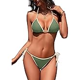 Zuvebamyo Women's Color Block Triangle Bikini Sets Two Piece String Swimsuit Spaghetti Strap Bathing Suits