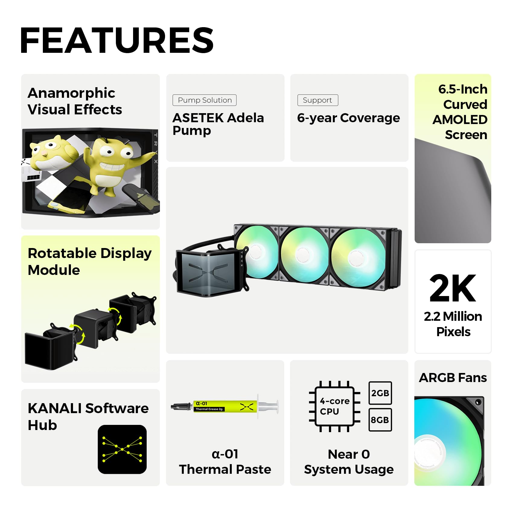 TRYX Panorama SE 360 ARGB 360mm AIO Rotatable 6.5'' AMOLED Curved Screen 3D Anamorphic Effect Customizable AIO Cooler 360mm Asetek Adela 280w TDP ARGB Fan Intel LGA 1851/1700/1200/115X AMD AM5/AM4