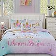Cokouchyi Twin Size Comforter Set for Girls, 3-Piece Bed in a Bag, 3D Colorful Unicorn Bedding Comforter Sheet Set, Ultra Soft and Fluffy, Pink & Rainbow Color