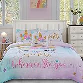 Cokouchyi Twin Size Comforter Set for Girls, 6-Piece Bed in a Bag, 3D Colorful Unicorn Bedding Comforter Sheet Set, Ultra Soft and Fluffy, Pink & Rainbow Color