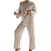 WDIRARA Women's Sleepwear Drawstring Long Sleeve Hooded Top and Tie Front Ribbed Knit Pants Pajama Set