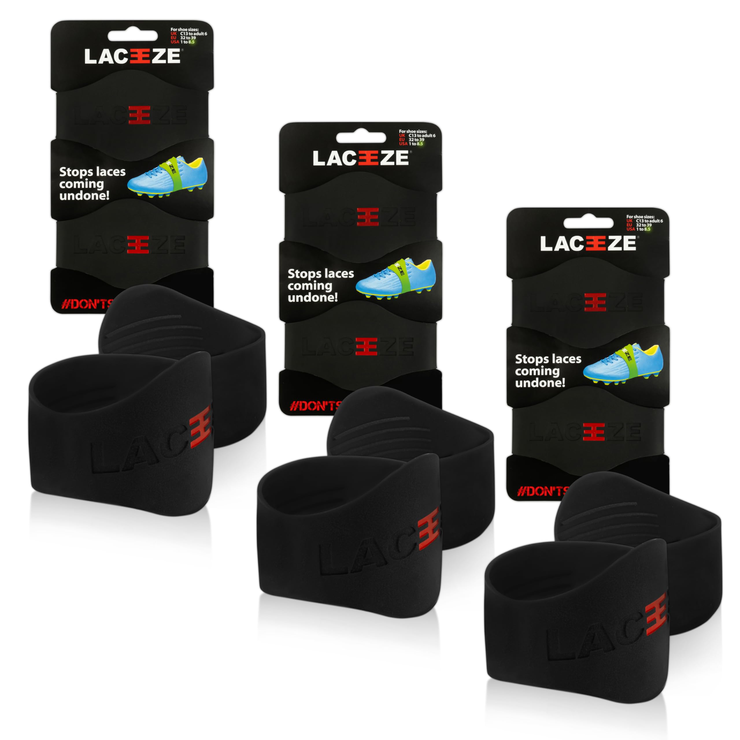 LACEEZE Max Bands – As Seen on Dragons' Den – Ribbed Technology – Secure Laces, Prevents Unraveling, Fits Shoe Size UK 6.5+, Black, 3 Pack, Ideal for Sports Shoes, Football, Rugby, Hockey