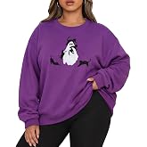 BLANCHES Plus Size Halloween Sweatshirt Women Black Cat Ghost Pullover | Embroidered Halloween Fall Plus Size Crewneck Sweater Shirt Witch Cute Vintage Spooky Graphic Tee