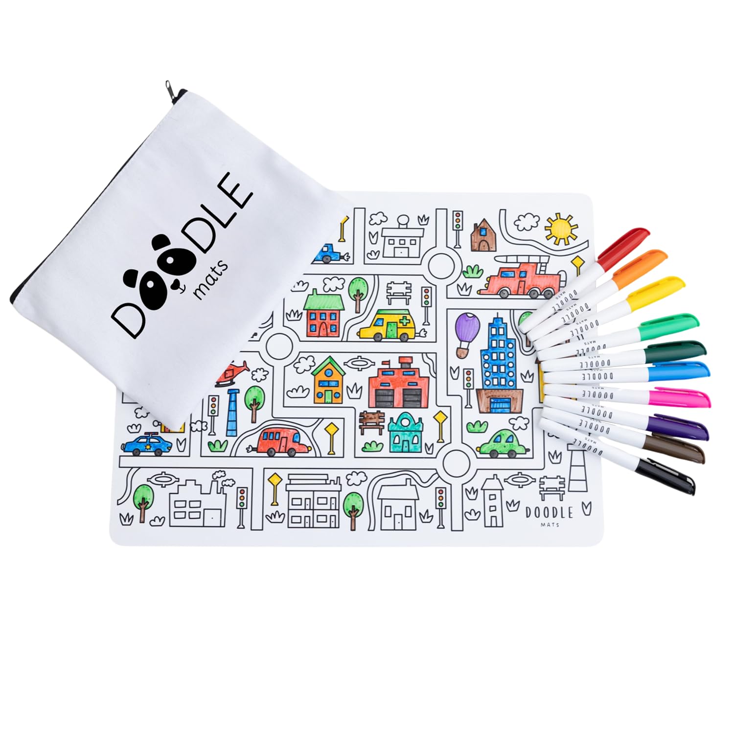 Doodle Mats Reusable Town and Vehicle Colouring Mat for Kids | City Play Mat with 10 Washable Pens & Carry Case | Mess Free Travel Toy with Police Car, Fire Truck, Bus & Helicopter | Eco Friendly A3 โ image 1