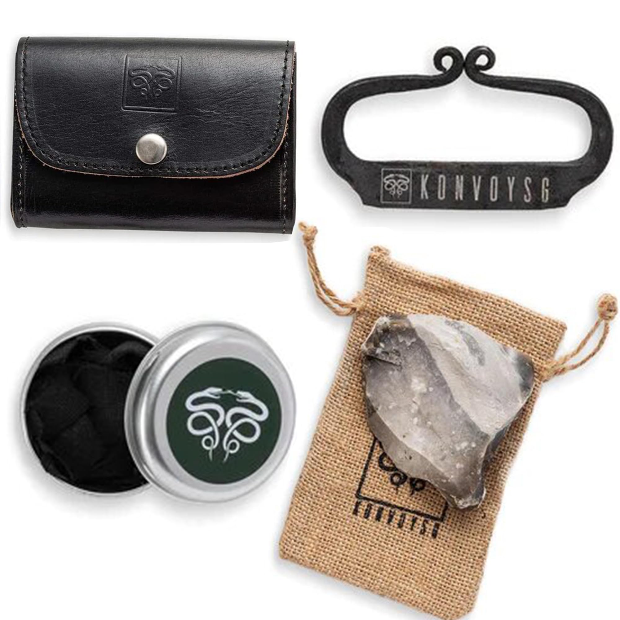 The Artisan Heritage Fire Kit – Hand-Forged Carbon Steel & English Flint in a Premium Top-Grain Leather Pouch (BLACK)
