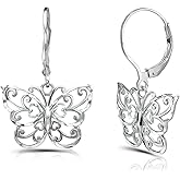 Hoops & Loops 925 Sterling Silver Diamond-cut Filigree Thin Dainty Butterfly Dangle Drop Leverback Earrings