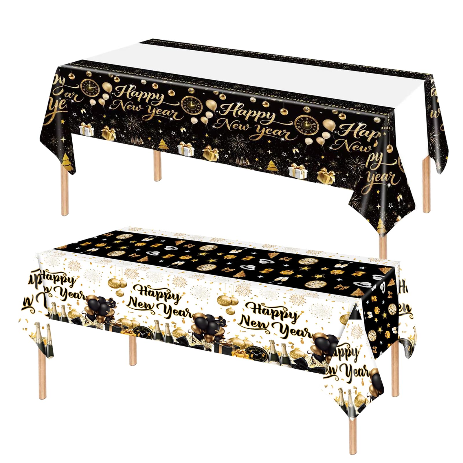 Photo 1 of 2 Pack Happy New Year Tablecloths-Plastic Disposable Table Cloth Black and White Rectangular Table Cover Party New Years Decorations 2026 for New Year Eve Parties Dinners Celebrations 108" X 54"