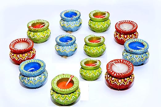 Royaltresure Multicolour Terracotta Clay Matki Diyas for Diwali Set of 12 (Each Diya Size 7 cm X 5 cm X 4 cm) in Box Diya for Puja